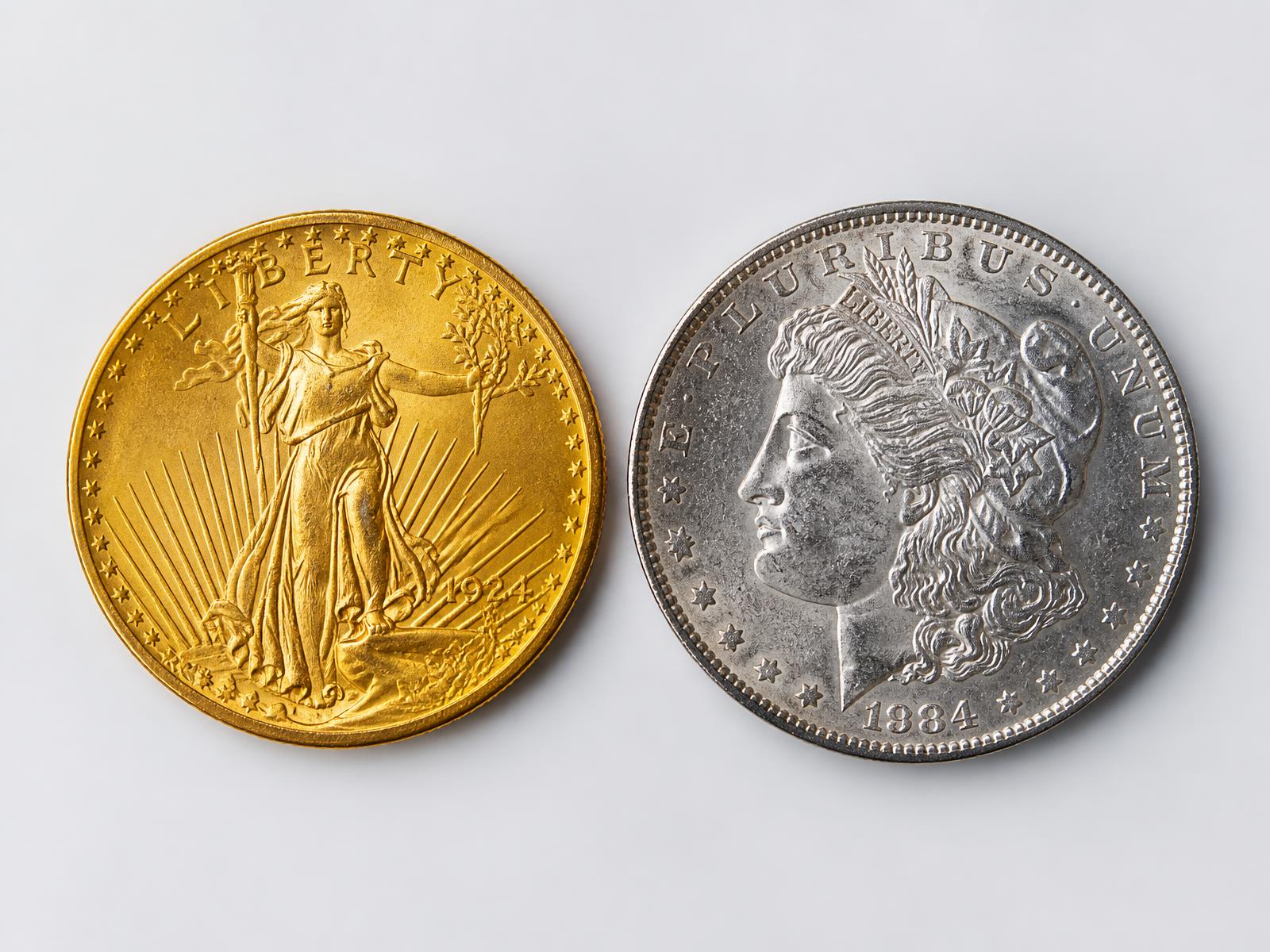 A Saint-Gaudens double eagle gold coin beside a Morgan silver dollar on a pale background